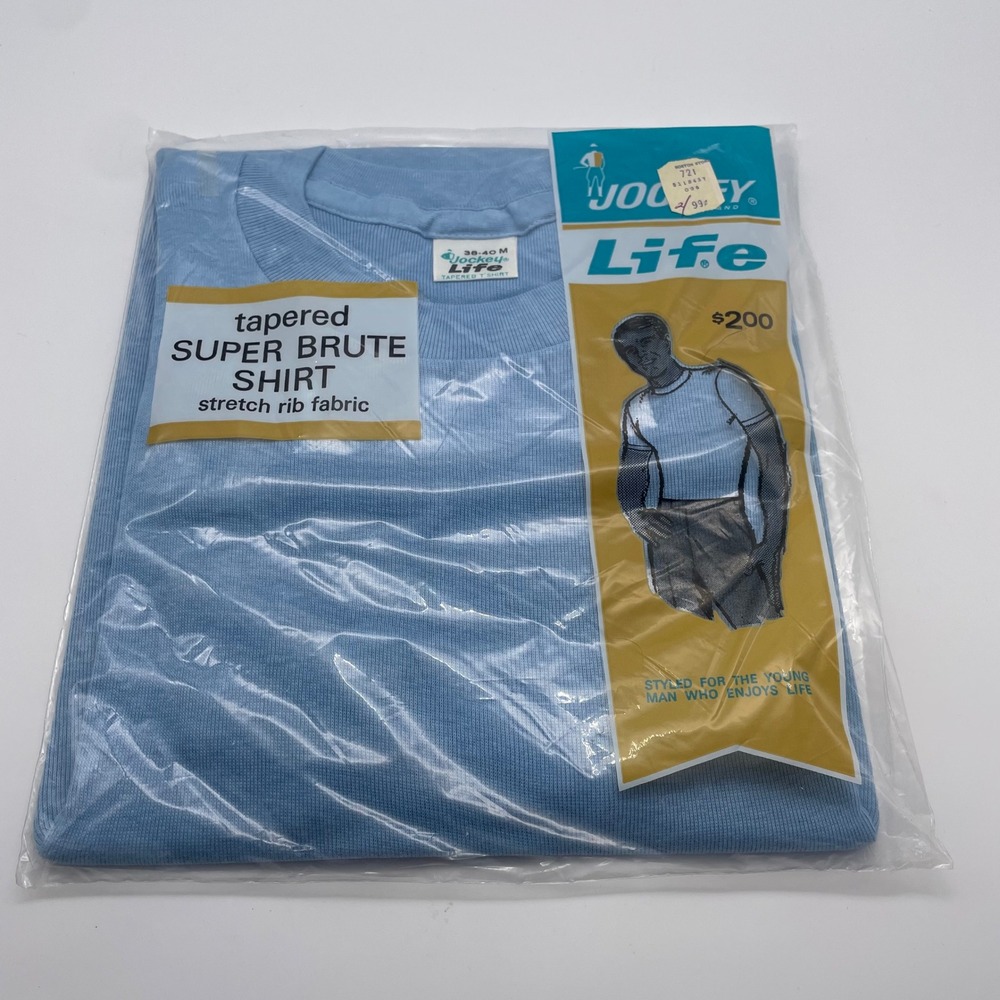 NOS Vintage‎ Jockey Life Super Brute Tapered Stretch Rib Shirt Mens M Blue 1964